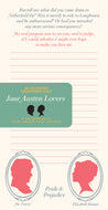 Notepad cover with silhouettes of characters from 'Pride and Prejudice' and text on a lined paper background.