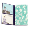 Trifold inside flap with peacock feather pattern and sticky notes with illustrations and Austen quotes