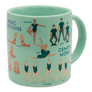 Mint green mug with illustrations of ballet positions on a white background