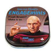 Tin labeled 'Jean-Luc Picard's ENGAGEmints' with a Star Trek character on a white background