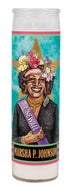 Candle with a portrait of Marsha P. Johnson on a colorful background