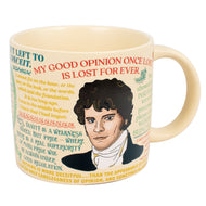 Mug with a portrait of Mr. Darcey and his quotes on a white background
