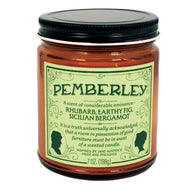 Jar of candle labeled 'Pemberley' with a green label on a white background