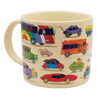Mug with colorful Richard Scarry vehicle illustrations. Windows are transforming from black to the characters inside each vehicle.