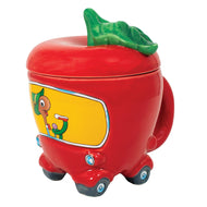 Red apple-shaped mug with a green lid and cartoon design on a white background