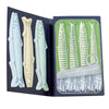 Inside tri-fold cover featuring 3 colorful fish sticky notes, and inside flap featuring a partially-opened tin of fish.