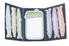 Open tri-fold booklet featuring 6 colorful fish on outside flaps and a sticky note in the center in the shape of an empty fish tin.