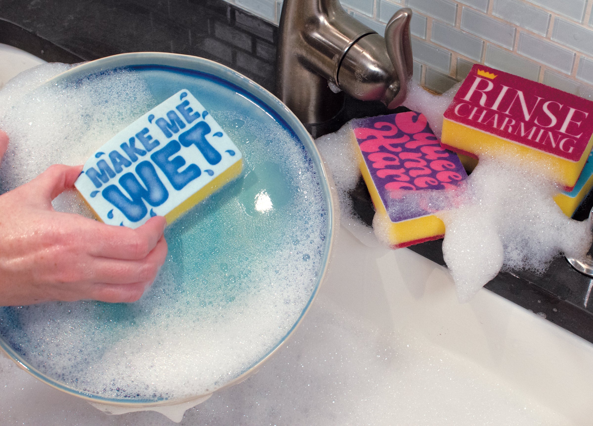 Product photo of Rinse Charming Sponge Set, a novelty gift manufactured by The Unemployed Philosophers Guild.