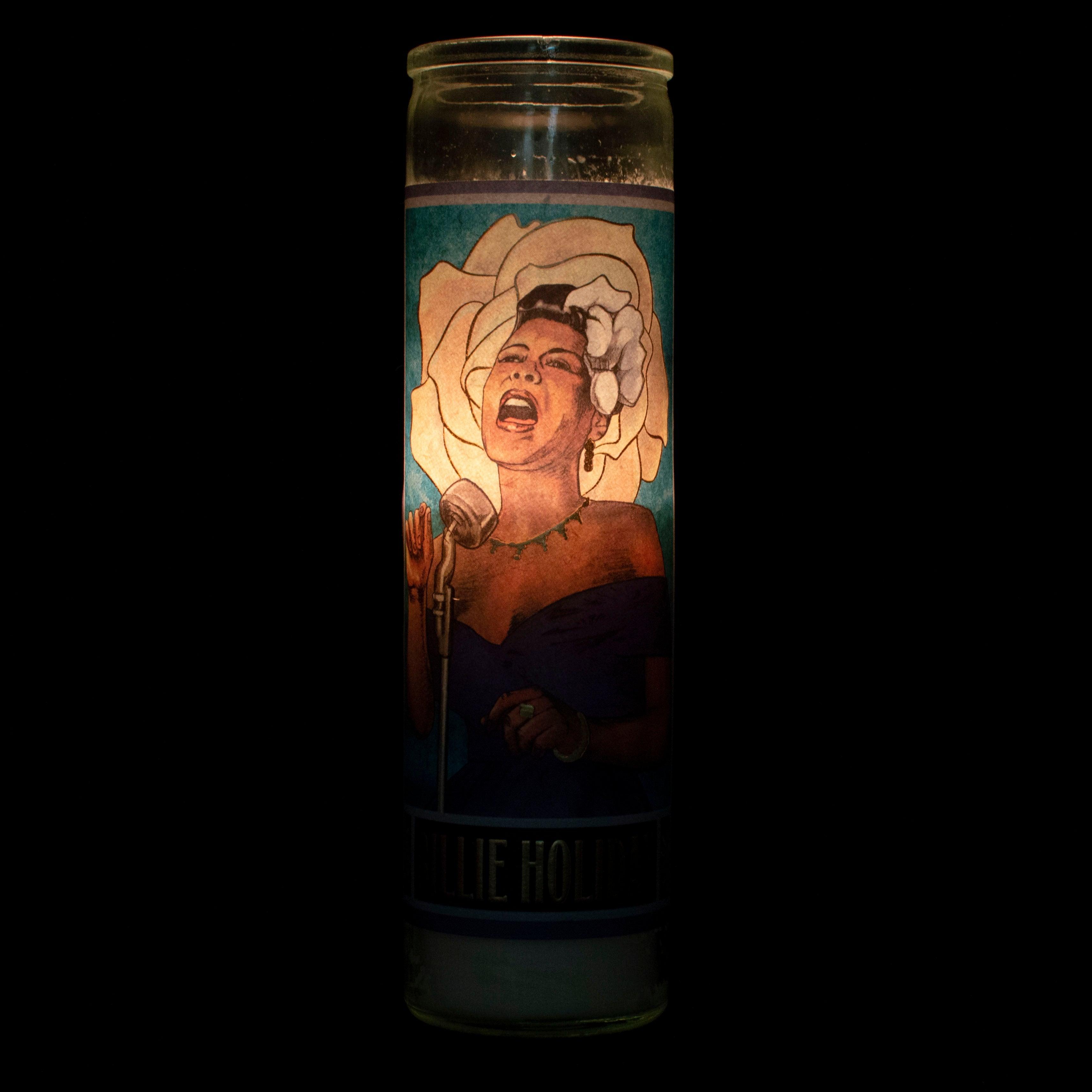 Product photo of Billie Holiday Secular Saint Candle, a novelty gift manufactured by The Unemployed Philosophers Guild.