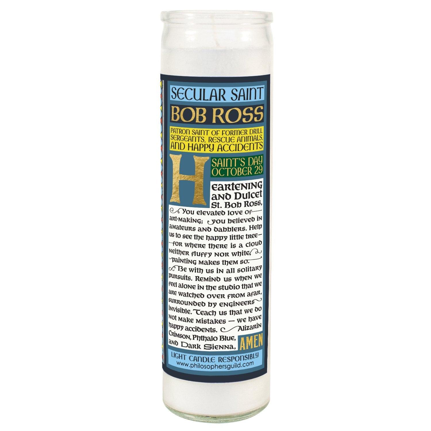 Product photo of Bob Ross Secular Saint Candle, a novelty gift manufactured by The Unemployed Philosophers Guild.
