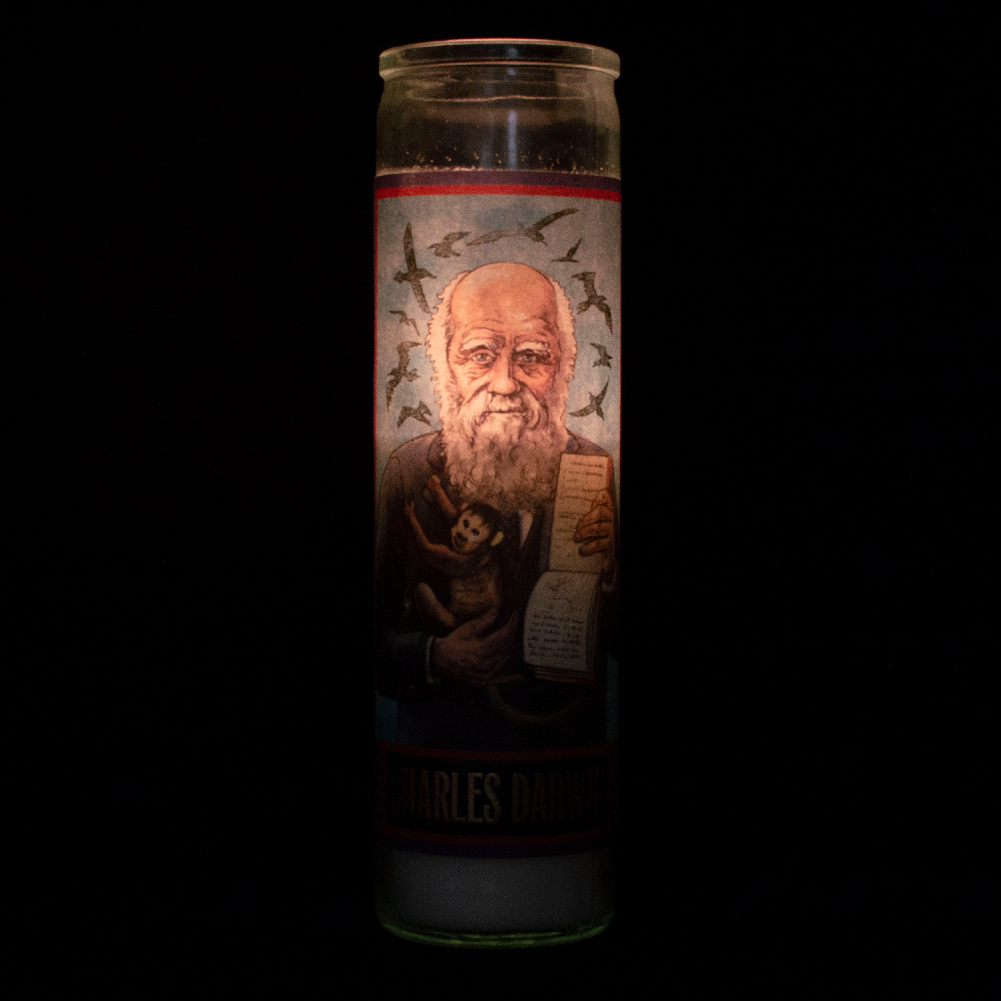 Product photo of Charles Darwin Secular Saint Candle, a novelty gift manufactured by The Unemployed Philosophers Guild.