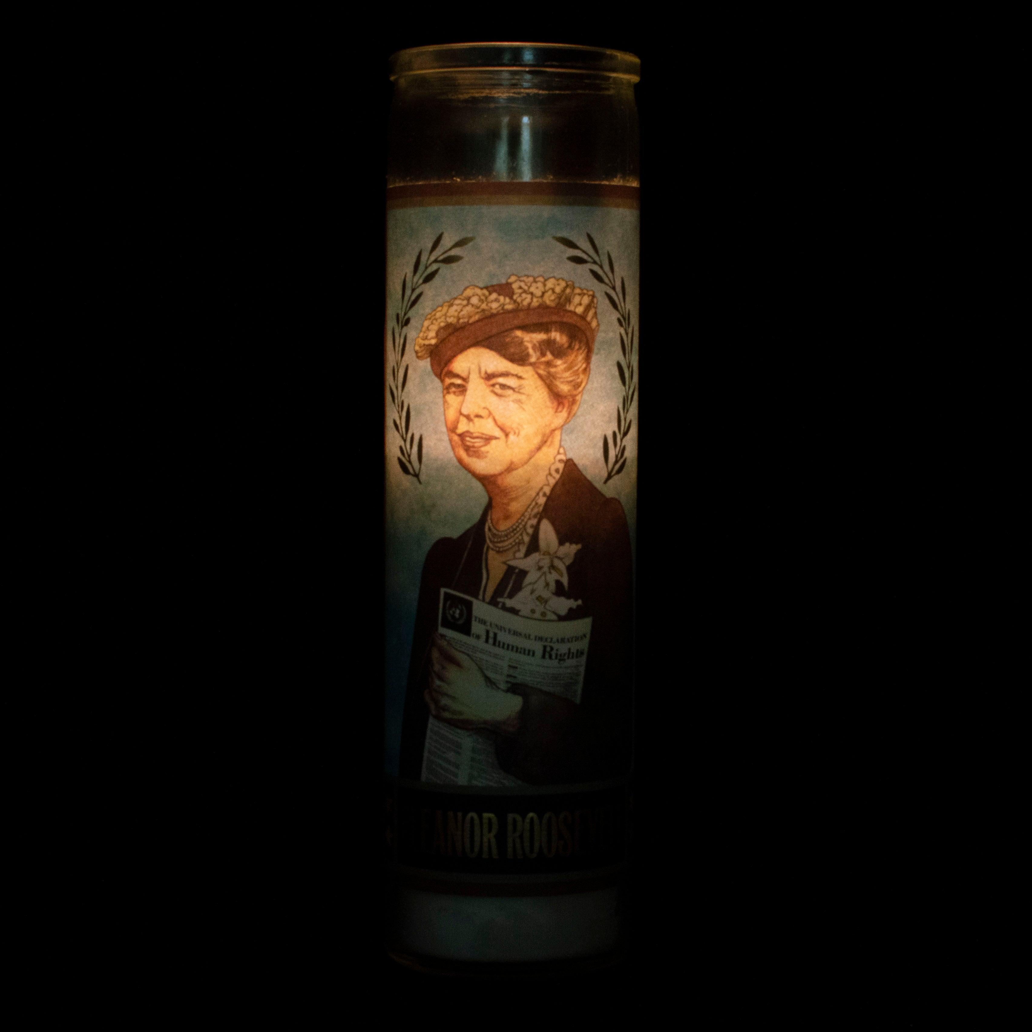 Product photo of Eleanor Roosevelt Secular Saint Candle, a novelty gift manufactured by The Unemployed Philosophers Guild.
