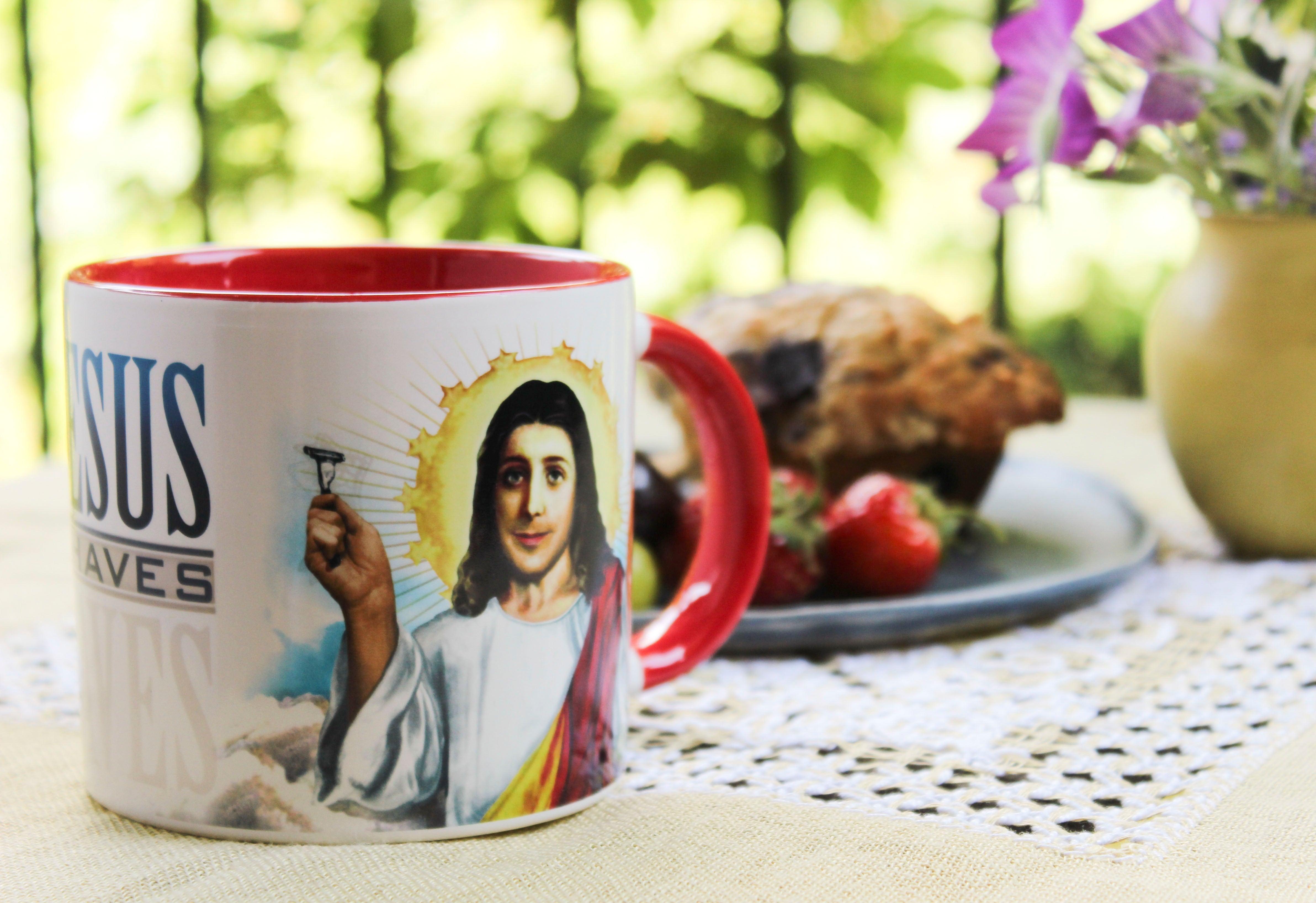 Product photo of Jesus Shaves Heat-Changing Mug, a novelty gift manufactured by The Unemployed Philosophers Guild.