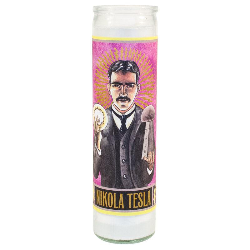 Product photo of Nikola Tesla Secular Saint Candle, a novelty gift manufactured by The Unemployed Philosophers Guild.