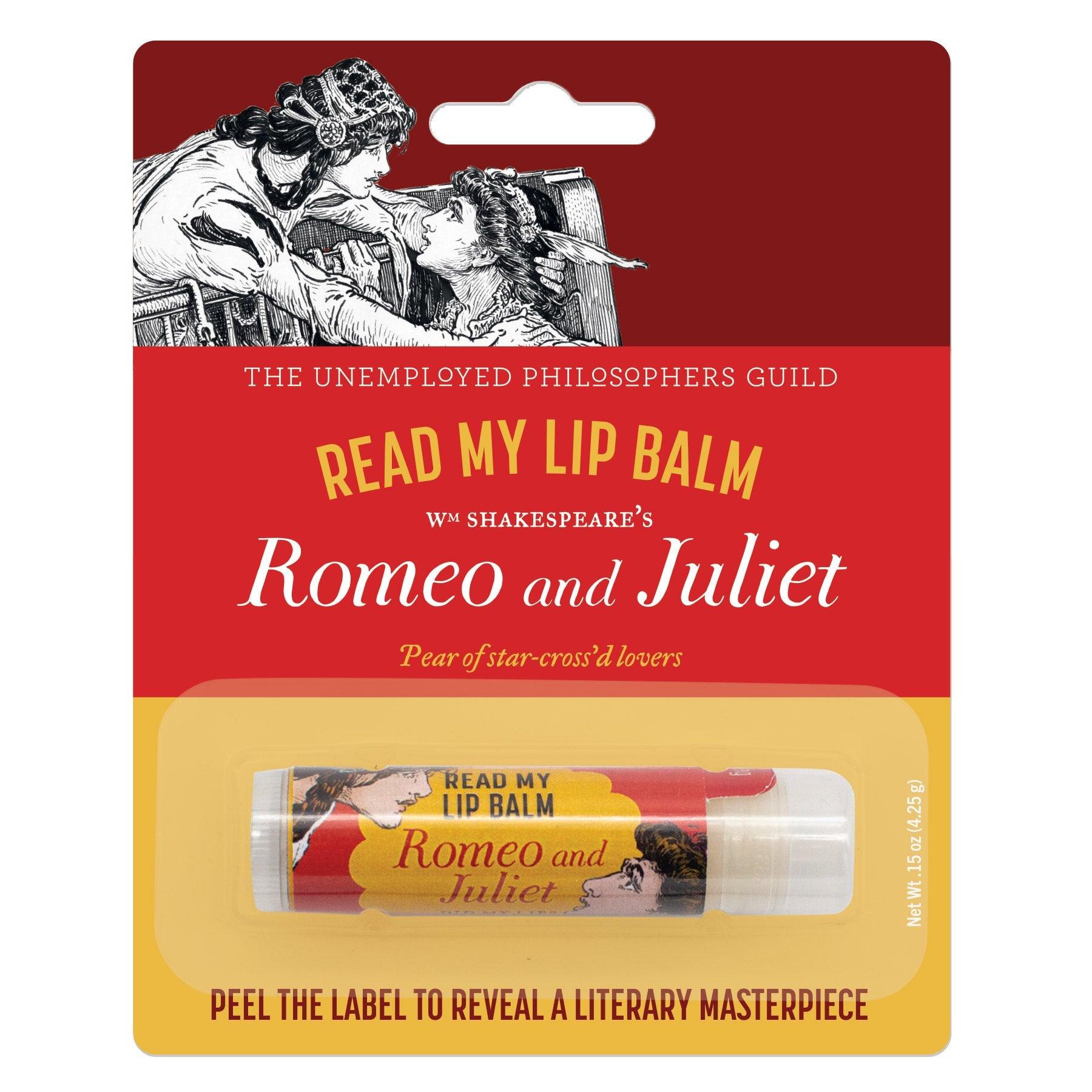 Product photo of Romeo & Juliet Read My Lip Balm, a novelty gift manufactured by The Unemployed Philosophers Guild.