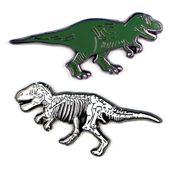 Product photo of T. Rex & Fossil Dinosaur Enamel Pin Set, a novelty gift manufactured by The Unemployed Philosophers Guild.